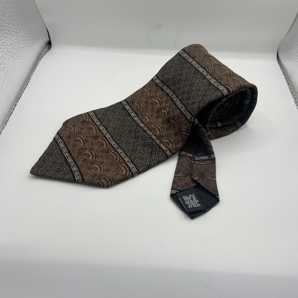 Allyn Saint George Mens Brown Geometric Striped Silk Formal Pointed Neck Tie